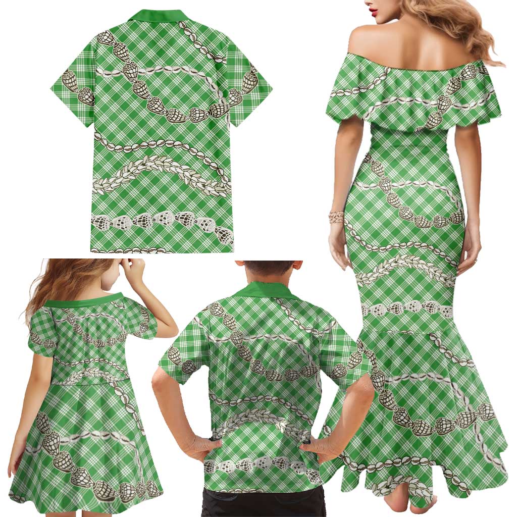 Green Aloha Hawaii Shell Lei Family Matching Mermaid Dress and Hawaiian Shirt Palaka Hebrew Cone Honey Cowrie Elegant Curves LT14 - Polynesian Pride