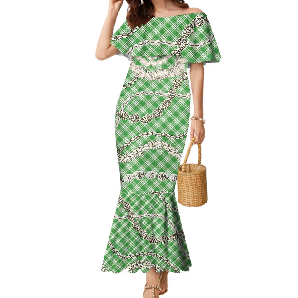 Green Aloha Hawaii Shell Lei Family Matching Mermaid Dress and Hawaiian Shirt Palaka Hebrew Cone Honey Cowrie Elegant Curves LT14 Mom's Dress Green - Polynesian Pride