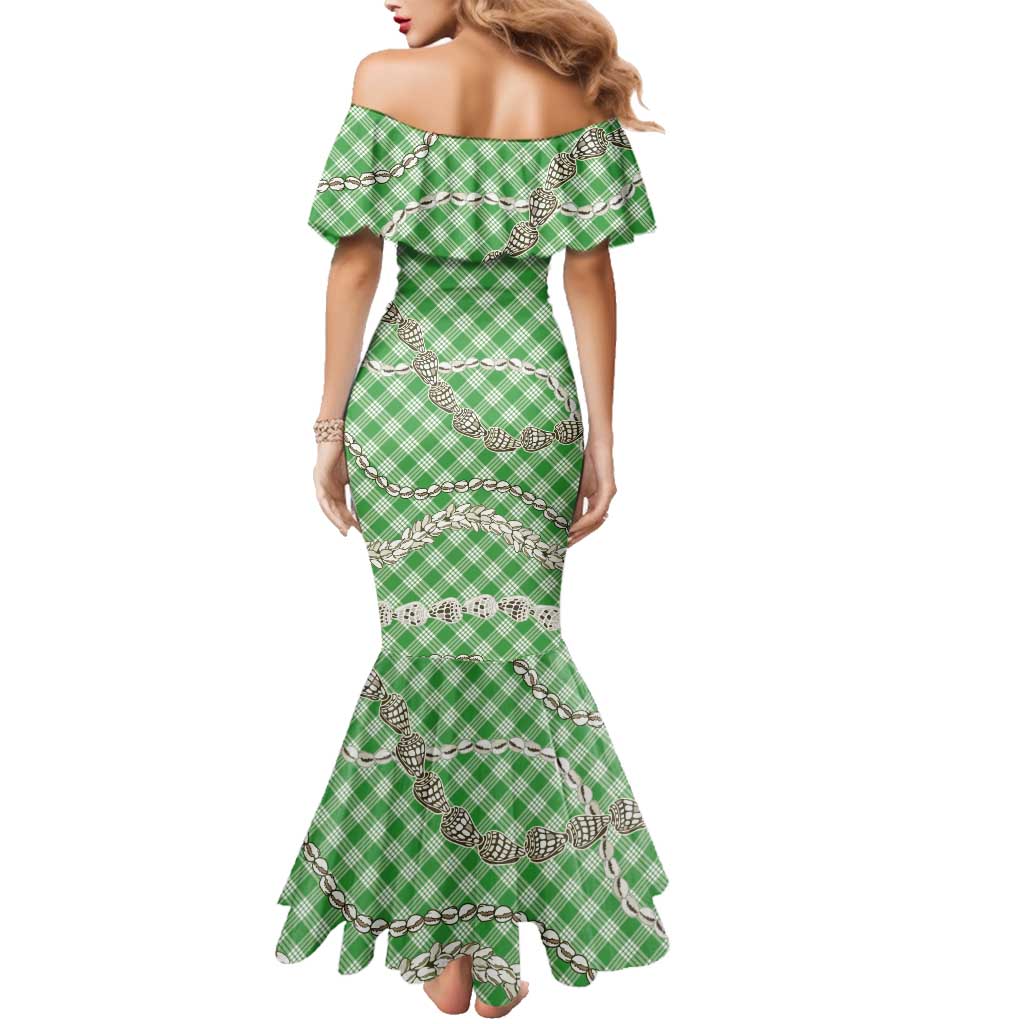 Green Aloha Hawaii Shell Lei Family Matching Mermaid Dress and Hawaiian Shirt Palaka Hebrew Cone Honey Cowrie Elegant Curves LT14 - Polynesian Pride