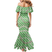 Green Aloha Hawaii Shell Lei Family Matching Mermaid Dress and Hawaiian Shirt Palaka Hebrew Cone Honey Cowrie Elegant Curves LT14 - Polynesian Pride