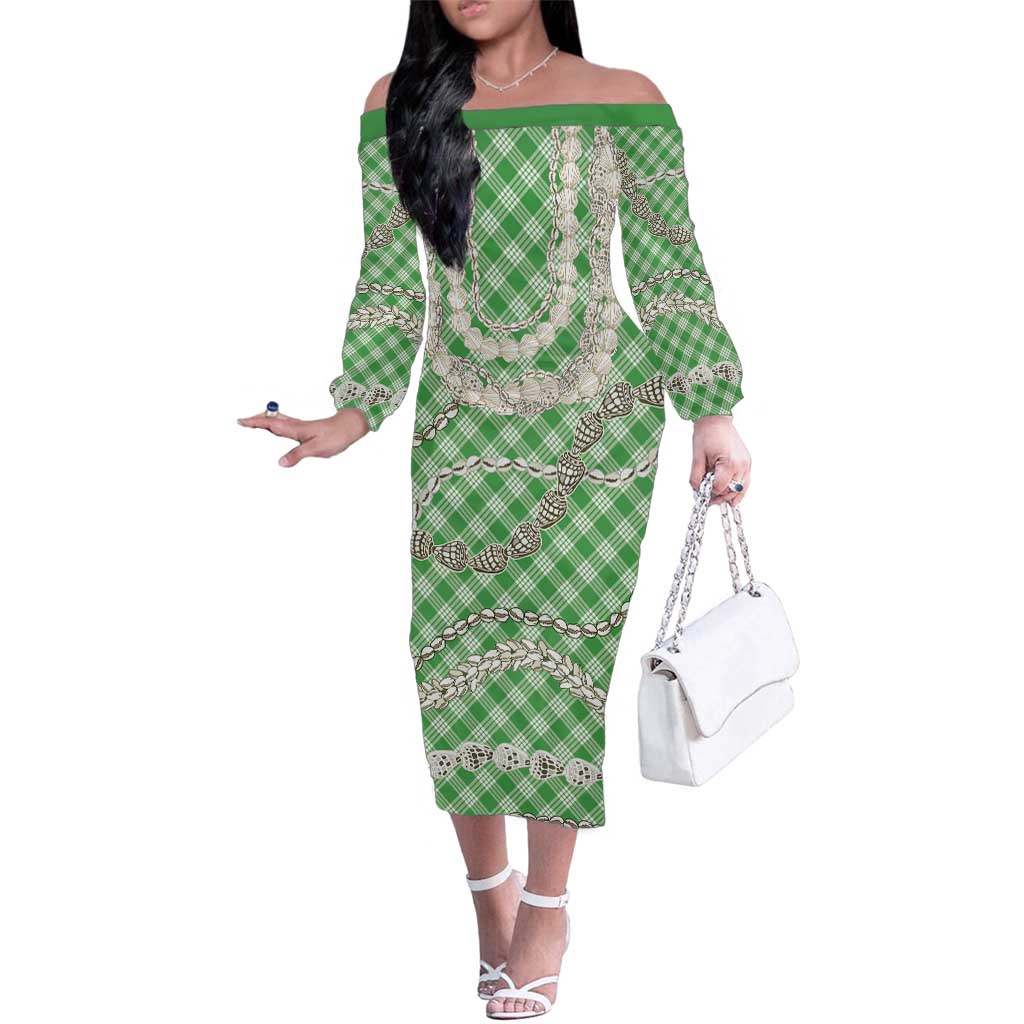 Green Aloha Hawaii Shell Lei Family Matching Off The Shoulder Long Sleeve Dress and Hawaiian Shirt Palaka Hebrew Cone Honey Cowrie Elegant Curves LT14 Mom's Dress Green - Polynesian Pride