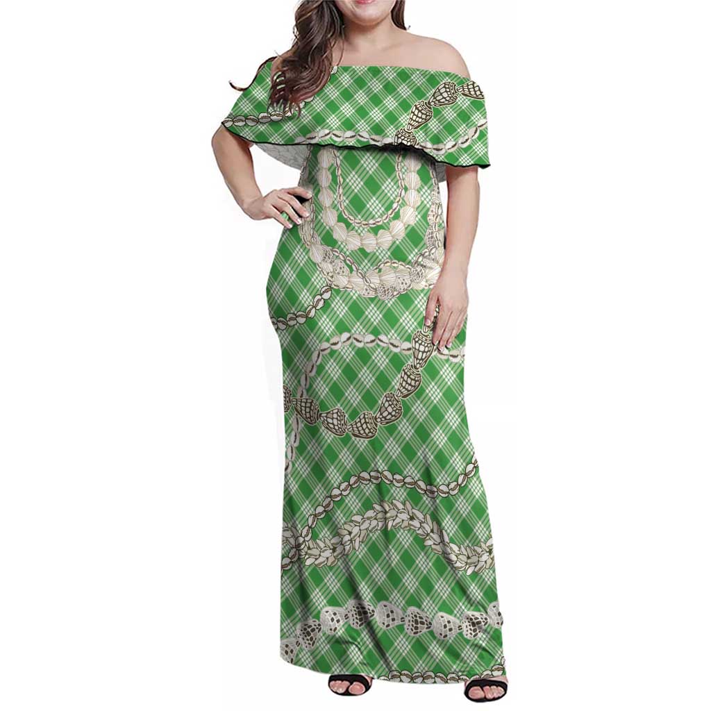 Green Aloha Hawaii Shell Lei Family Matching Off Shoulder Maxi Dress and Hawaiian Shirt Palaka Hebrew Cone Honey Cowrie Elegant Curves LT14 Mom's Dress Green - Polynesian Pride