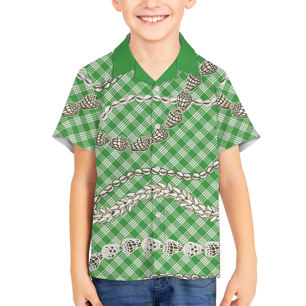Green Aloha Hawaii Shell Lei Family Matching Off Shoulder Maxi Dress and Hawaiian Shirt Palaka Hebrew Cone Honey Cowrie Elegant Curves LT14 Son's Shirt Green - Polynesian Pride