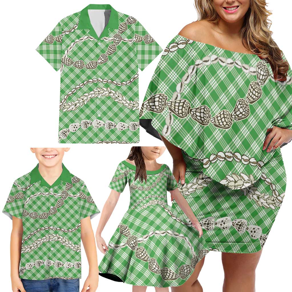 Green Aloha Hawaii Shell Lei Family Matching Off Shoulder Short Dress and Hawaiian Shirt Palaka Hebrew Cone Honey Cowrie Elegant Curves - Polynesian Pride