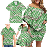 Green Aloha Hawaii Shell Lei Family Matching Off Shoulder Short Dress and Hawaiian Shirt Palaka Hebrew Cone Honey Cowrie Elegant Curves LT14 - Polynesian Pride