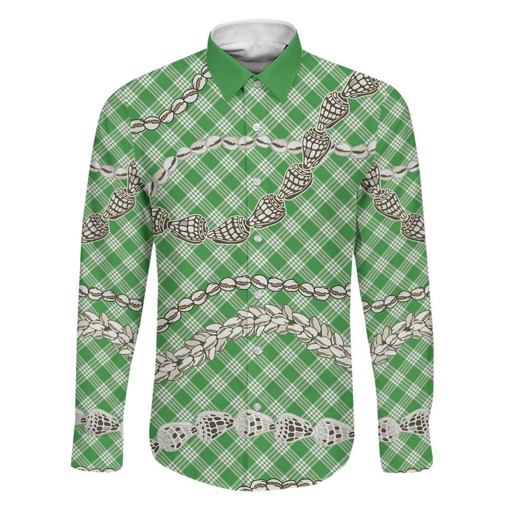 Green Aloha Hawaii Shell Lei Family Matching Off Shoulder Short Dress and Hawaiian Shirt Palaka Hebrew Cone Honey Cowrie Elegant Curves LT14 Dad's Shirt - Long Sleeve Green - Polynesian Pride
