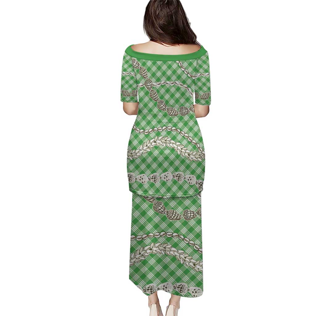 Green Aloha Hawaii Shell Lei Family Matching Puletasi and Hawaiian Shirt Palaka Hebrew Cone Honey Cowrie Elegant Curves LT14 - Polynesian Pride