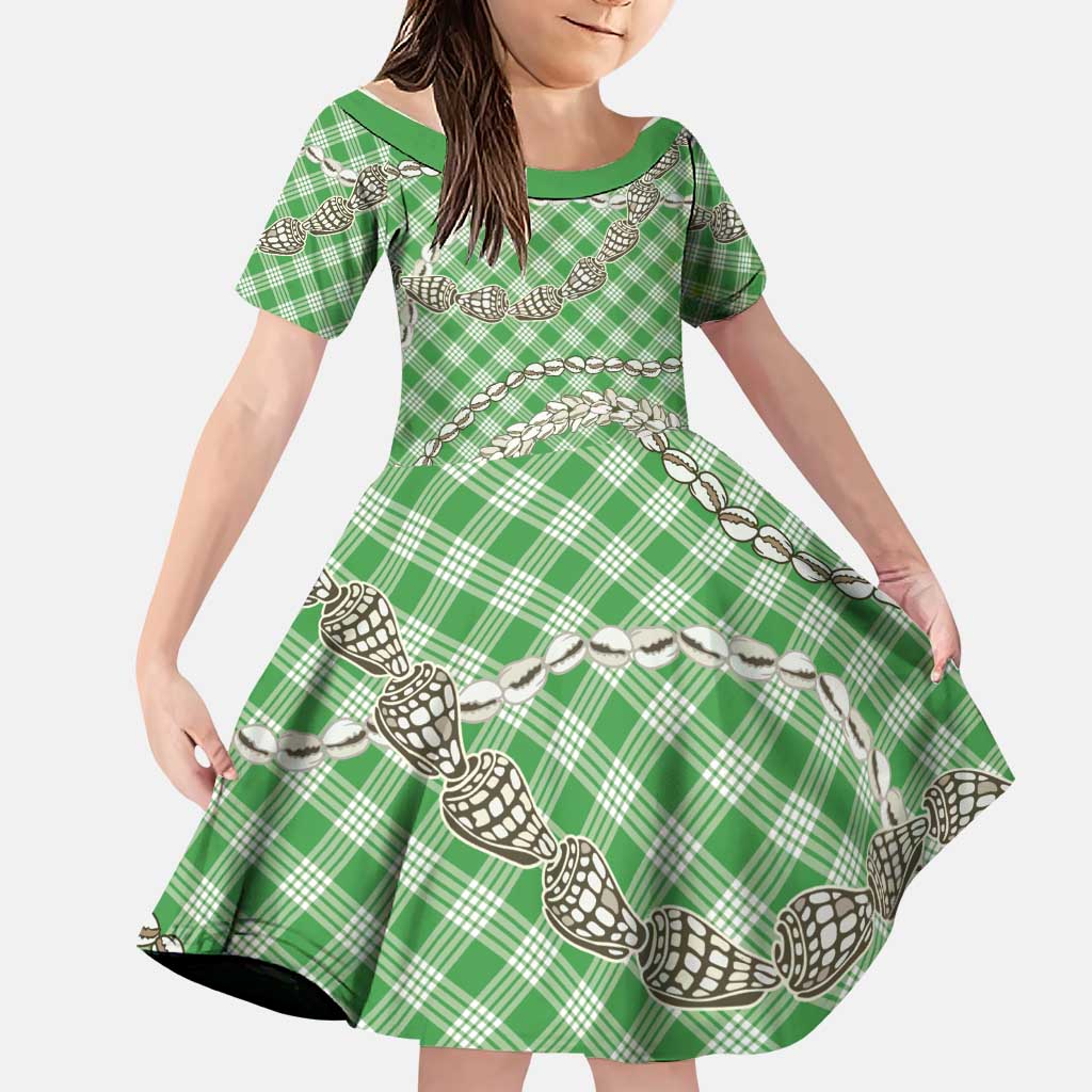 Green Aloha Hawaii Shell Lei Family Matching Short Sleeve Bodycon Dress and Hawaiian Shirt Palaka Hebrew Cone Honey Cowrie Elegant Curves LT14 Daughter's Dress Green - Polynesian Pride