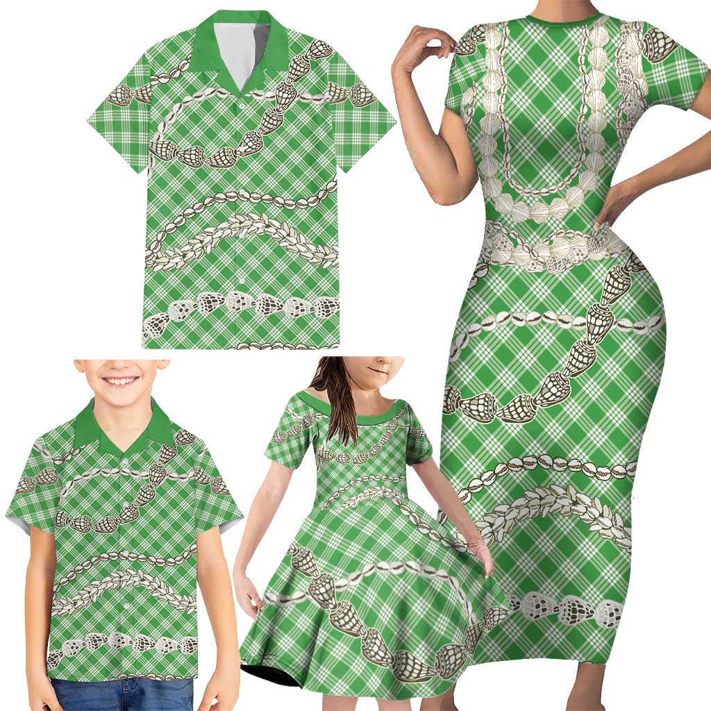 Green Aloha Hawaii Shell Lei Family Matching Short Sleeve Bodycon Dress and Hawaiian Shirt Palaka Hebrew Cone Honey Cowrie Elegant Curves LT14 - Polynesian Pride