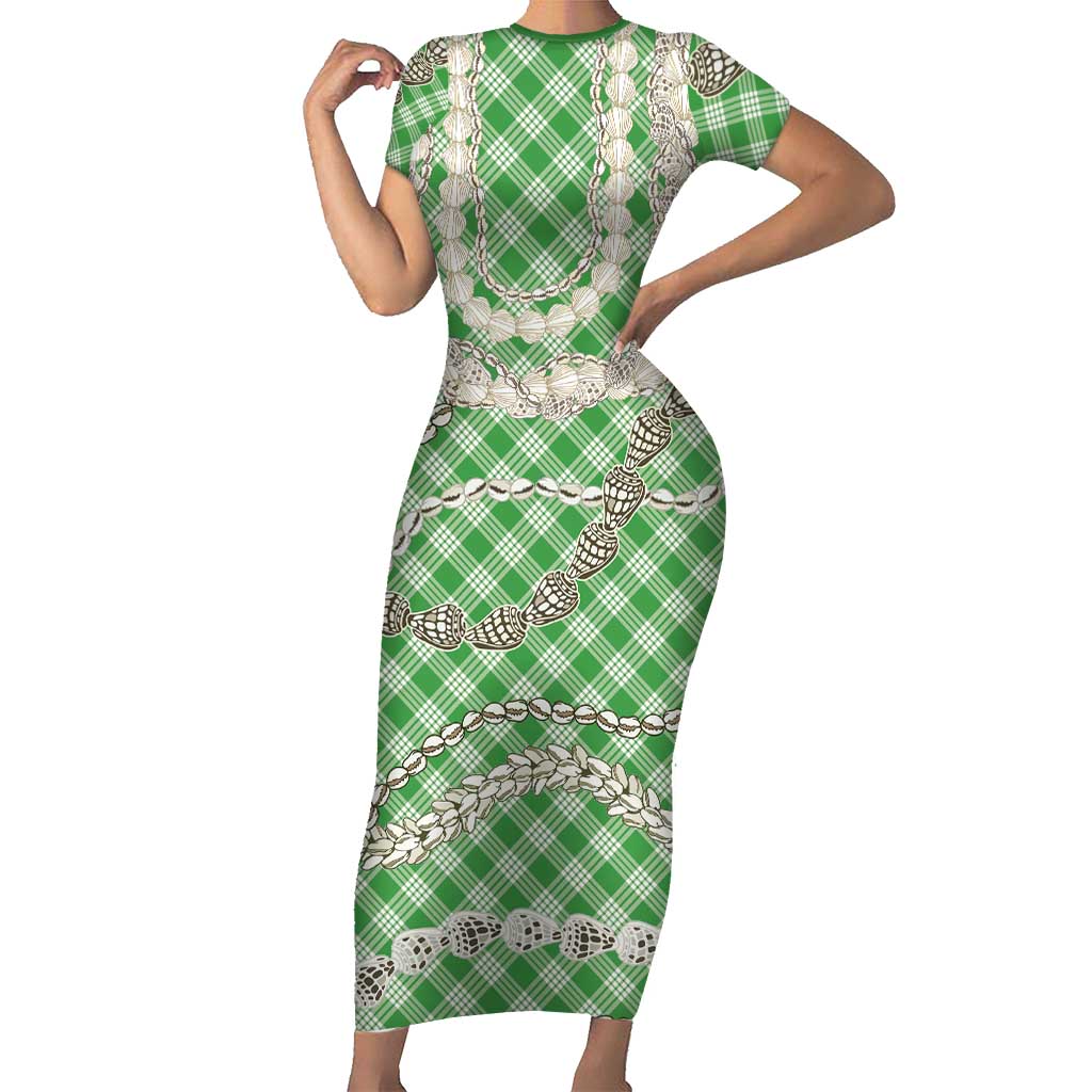 Green Aloha Hawaii Shell Lei Family Matching Short Sleeve Bodycon Dress and Hawaiian Shirt Palaka Hebrew Cone Honey Cowrie Elegant Curves LT14 Mom's Dress Green - Polynesian Pride