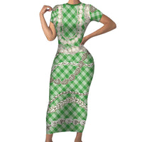 Green Aloha Hawaii Shell Lei Family Matching Short Sleeve Bodycon Dress and Hawaiian Shirt Palaka Hebrew Cone Honey Cowrie Elegant Curves LT14 Mom's Dress Green - Polynesian Pride