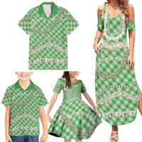 Green Aloha Hawaii Shell Lei Family Matching Summer Maxi Dress and Hawaiian Shirt Palaka Hebrew Cone Honey Cowrie Elegant Curves LT14 - Polynesian Pride