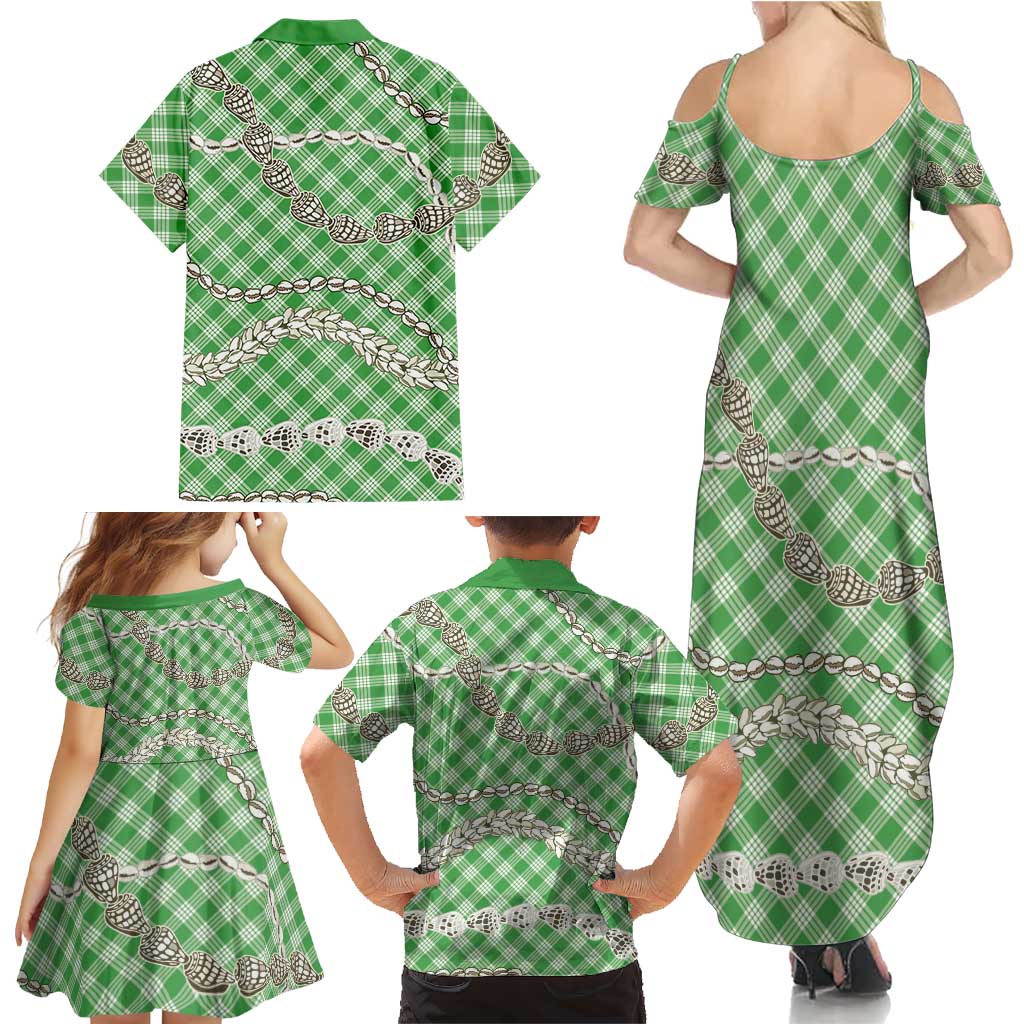 Green Aloha Hawaii Shell Lei Family Matching Summer Maxi Dress and Hawaiian Shirt Palaka Hebrew Cone Honey Cowrie Elegant Curves LT14 - Polynesian Pride