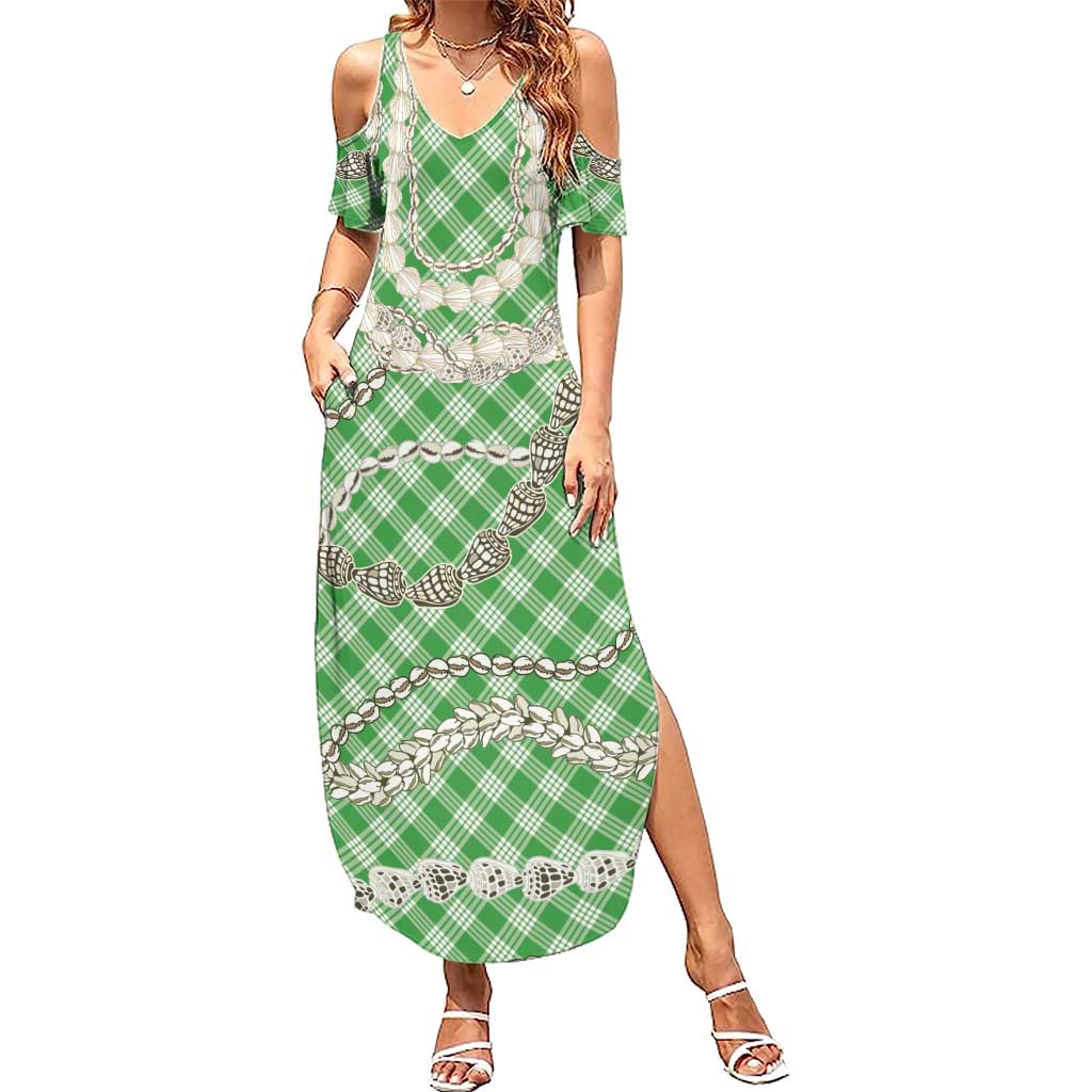 Green Aloha Hawaii Shell Lei Family Matching Summer Maxi Dress and Hawaiian Shirt Palaka Hebrew Cone Honey Cowrie Elegant Curves LT14 Mom's Dress Green - Polynesian Pride
