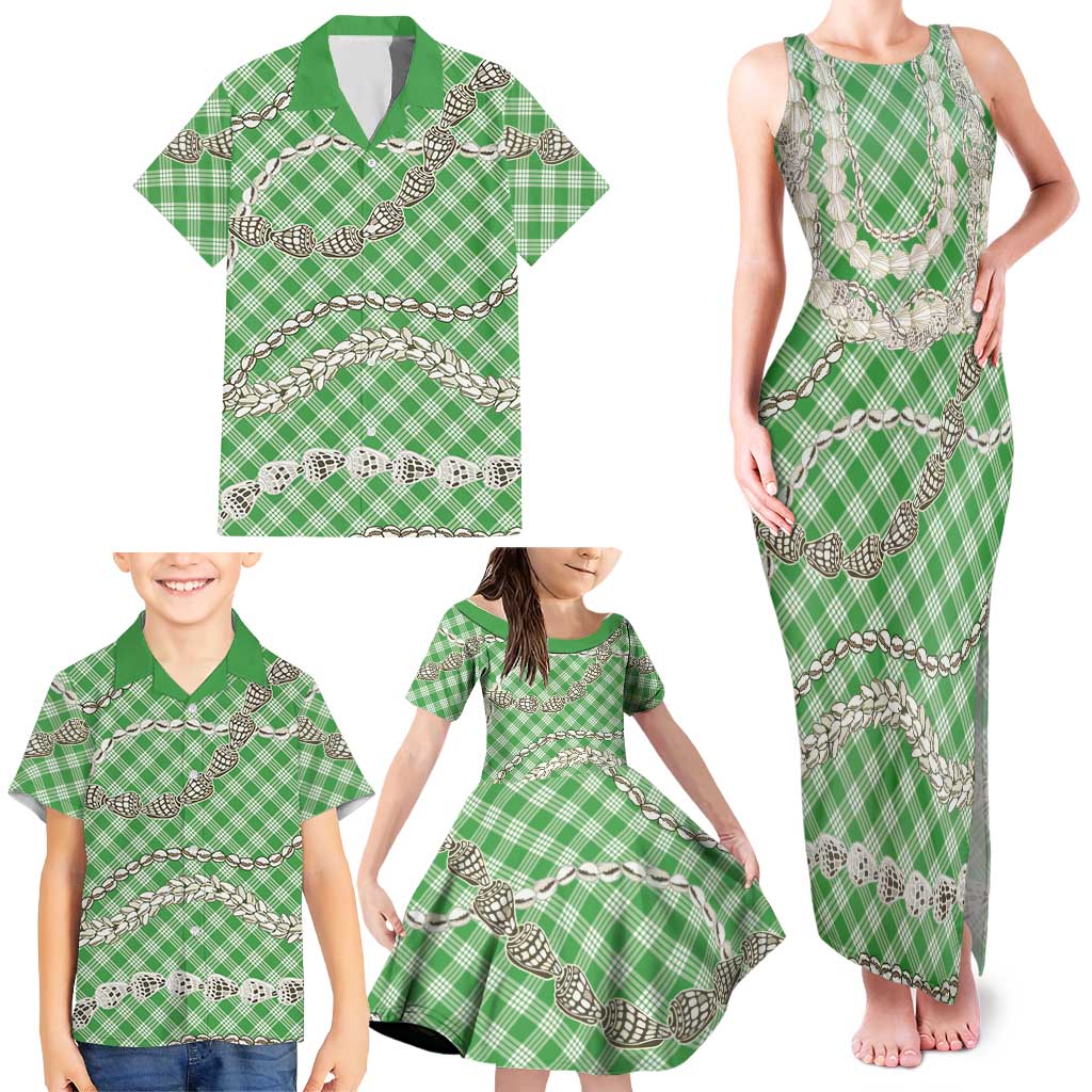 Green Aloha Hawaii Shell Lei Family Matching Tank Maxi Dress and Hawaiian Shirt Palaka Hebrew Cone Honey Cowrie Elegant Curves - Polynesian Pride