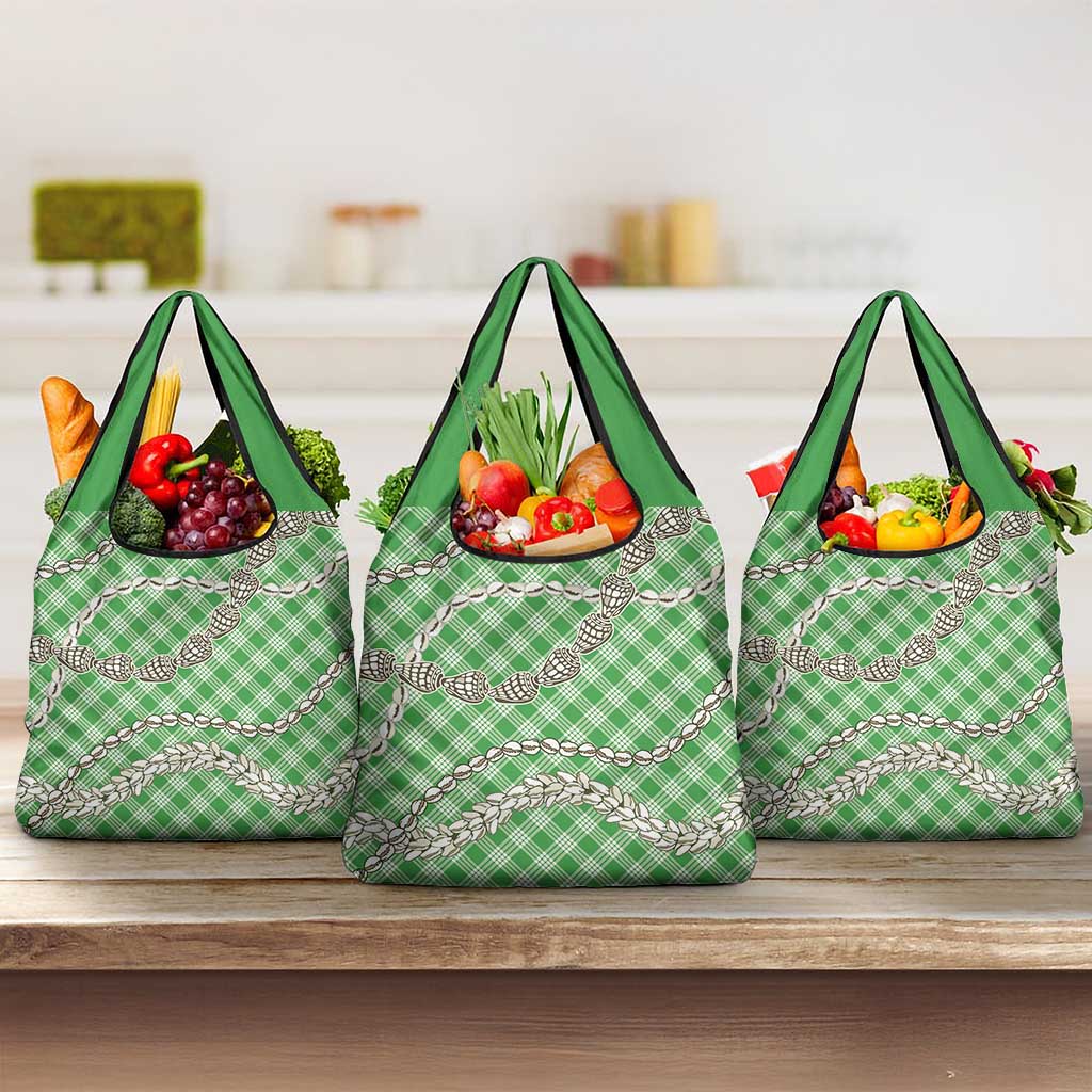 Green Aloha Hawaii Shell Lei Grocery Bag Palaka Hebrew Cone Honey Cowrie Elegant Curves - Polynesian Pride