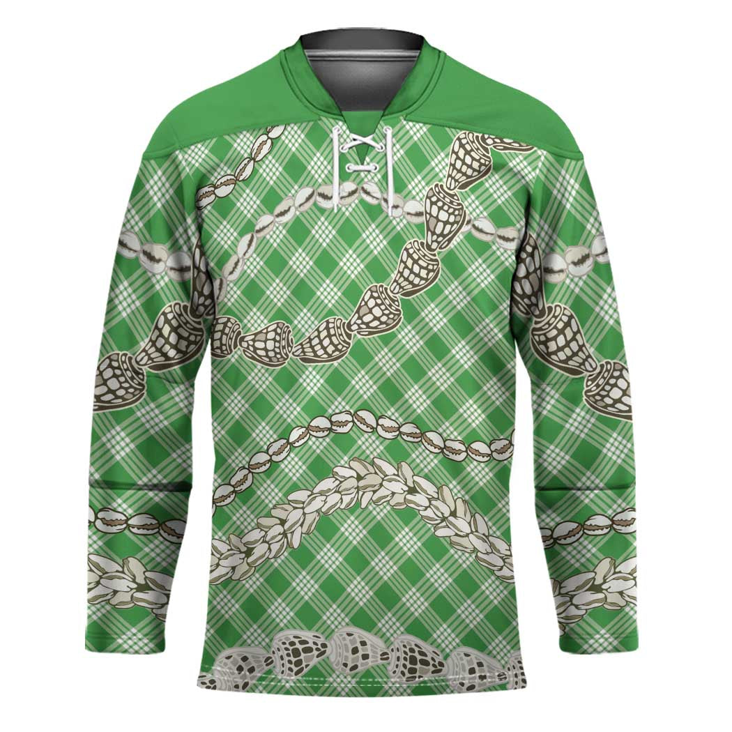 Green Aloha Hawaii Shell Lei Hockey Jersey Palaka Hebrew Cone Honey Cowrie Elegant Curves - Polynesian Pride