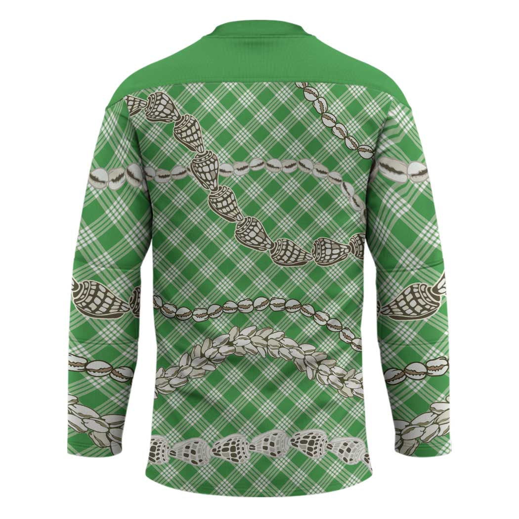 Green Aloha Hawaii Shell Lei Hockey Jersey Palaka Hebrew Cone Honey Cowrie Elegant Curves - Polynesian Pride
