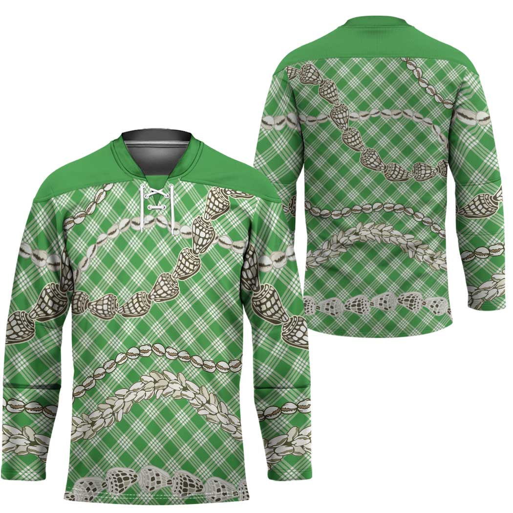 Green Aloha Hawaii Shell Lei Hockey Jersey Palaka Hebrew Cone Honey Cowrie Elegant Curves - Polynesian Pride