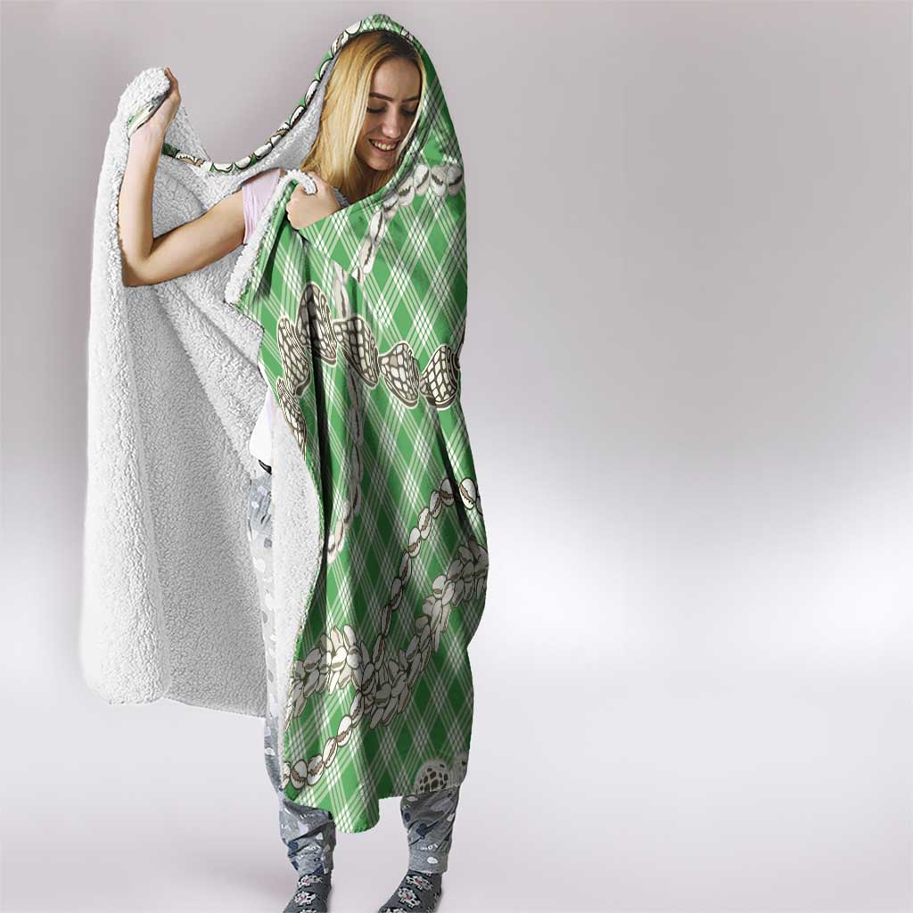 Green Aloha Hawaii Shell Lei Hooded Blanket Palaka Hebrew Cone Honey Cowrie Elegant Curves - Polynesian Pride