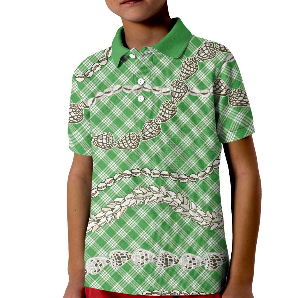 Green Aloha Hawaii Shell Lei Kid Polo Shirt Palaka Hebrew Cone Honey Cowrie Elegant Curves - Polynesian Pride