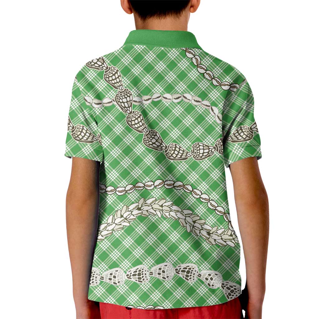 Green Aloha Hawaii Shell Lei Kid Polo Shirt Palaka Hebrew Cone Honey Cowrie Elegant Curves - Polynesian Pride