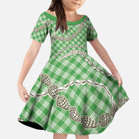 Green Aloha Hawaii Shell Lei Kid Short Sleeve Dress Palaka Hebrew Cone Honey Cowrie Elegant Curves - Polynesian Pride