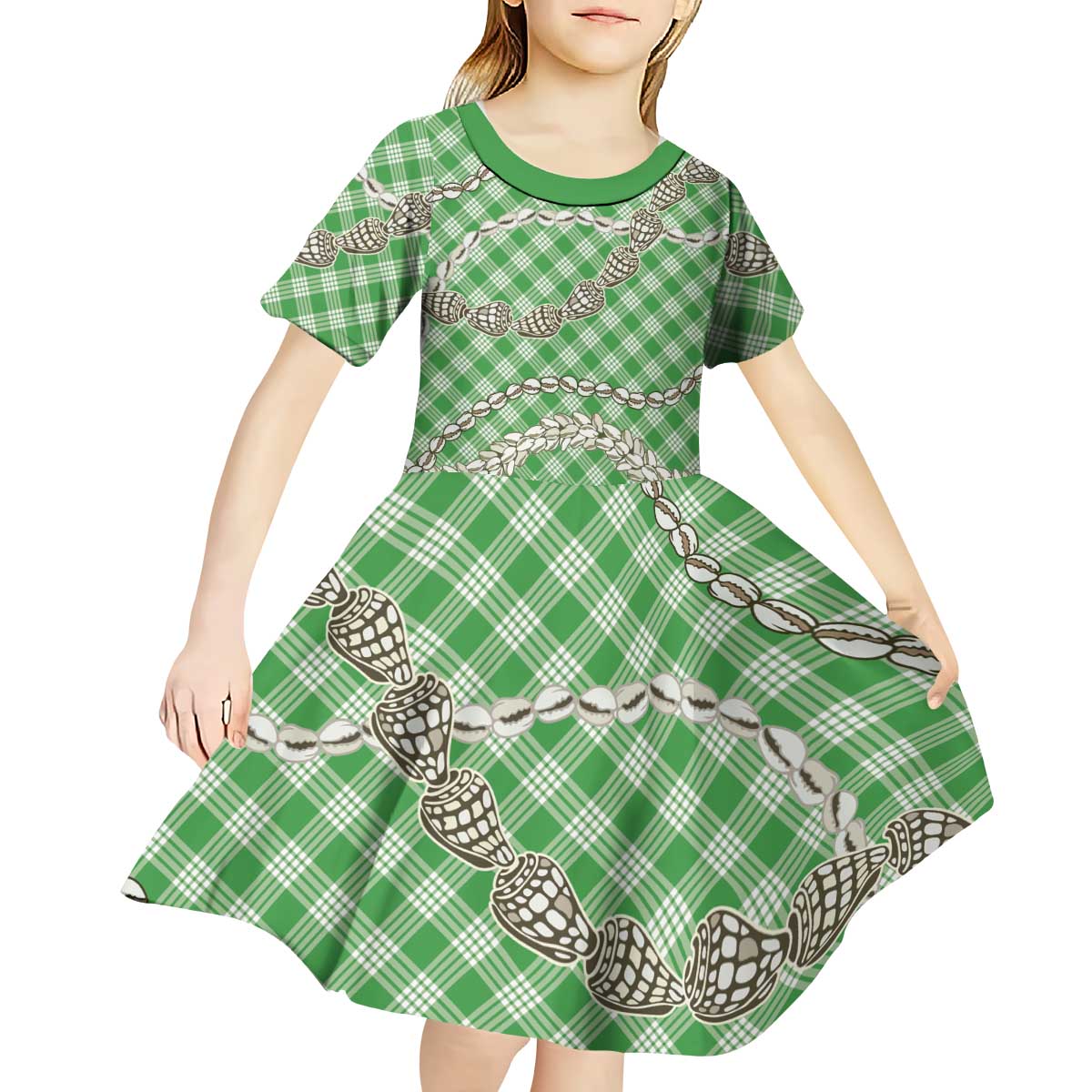 Green Aloha Hawaii Shell Lei Kid Short Sleeve Dress Palaka Hebrew Cone Honey Cowrie Elegant Curves - Polynesian Pride
