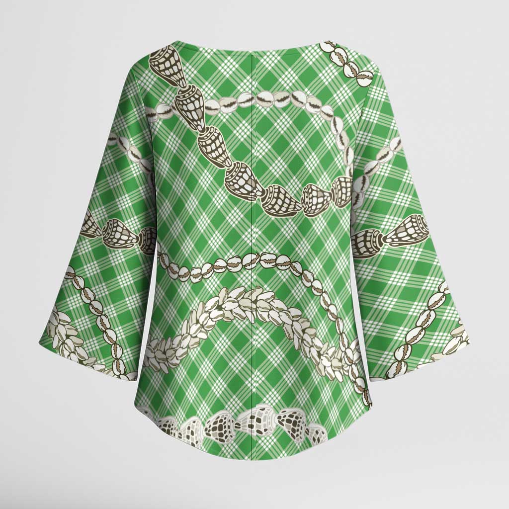 Green Aloha Hawaii Shell Lei Kimono Sleeve Blouse Palaka Hebrew Cone Honey Cowrie Elegant Curves - Polynesian Pride