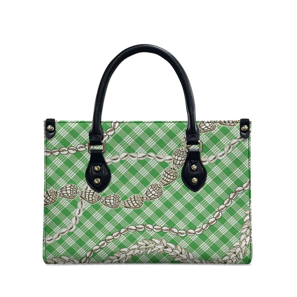 Green Aloha Hawaii Shell Lei Leather Bag Palaka Hebrew Cone Honey Cowrie Elegant Curves - Polynesian Pride
