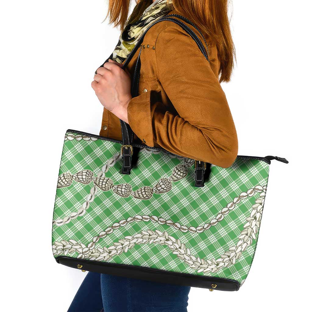Green Aloha Hawaii Shell Lei Leather Tote Bag Palaka Hebrew Cone Honey Cowrie Elegant Curves - Polynesian Pride