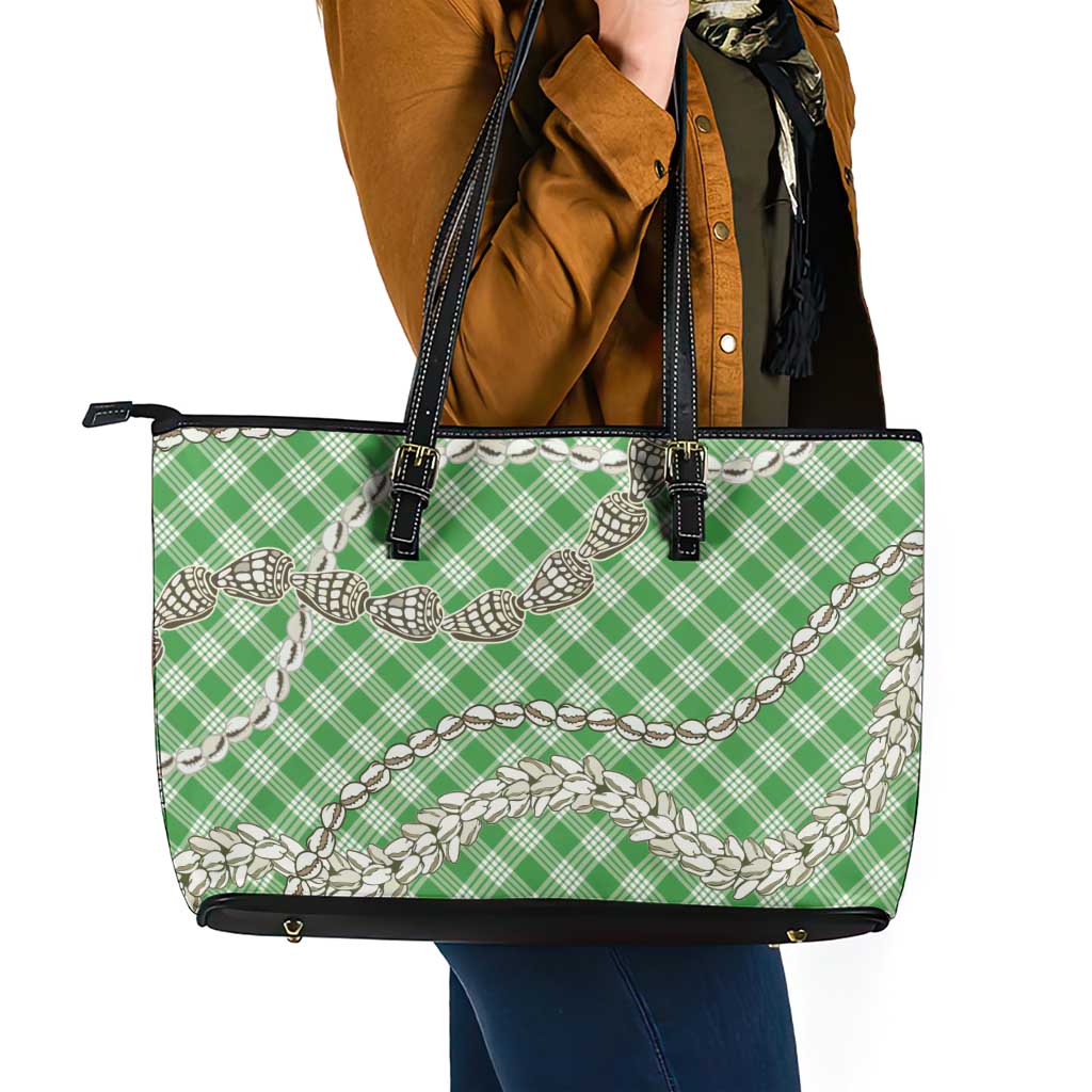 Green Aloha Hawaii Shell Lei Leather Tote Bag Palaka Hebrew Cone Honey Cowrie Elegant Curves - Polynesian Pride