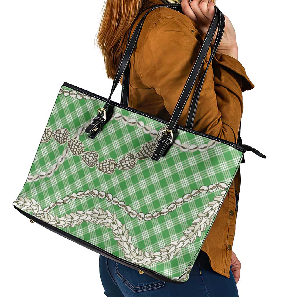 Green Aloha Hawaii Shell Lei Leather Tote Bag Palaka Hebrew Cone Honey Cowrie Elegant Curves - Polynesian Pride
