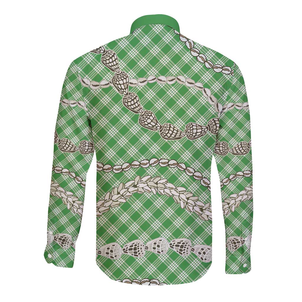 Green Aloha Hawaii Shell Lei Long Sleeve Button Shirt Palaka Hebrew Cone Honey Cowrie Elegant Curves - Polynesian Pride