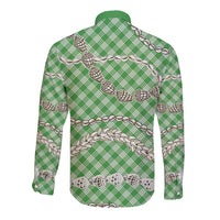 Green Aloha Hawaii Shell Lei Long Sleeve Button Shirt Palaka Hebrew Cone Honey Cowrie Elegant Curves - Polynesian Pride