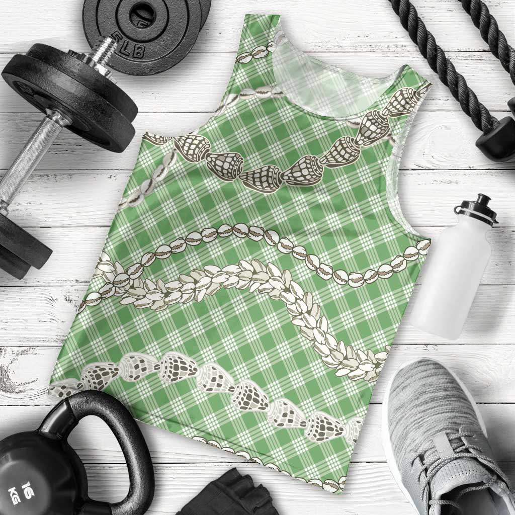 Green Aloha Hawaii Shell Lei Men Tank Top Palaka Hebrew Cone Honey Cowrie Elegant Curves - Polynesian Pride