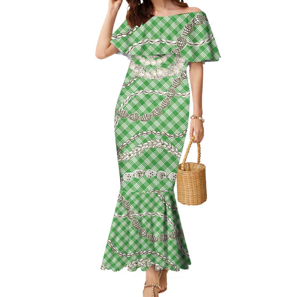 Green Aloha Hawaii Shell Lei Mermaid Dress Palaka Hebrew Cone Honey Cowrie Elegant Curves - Polynesian Pride