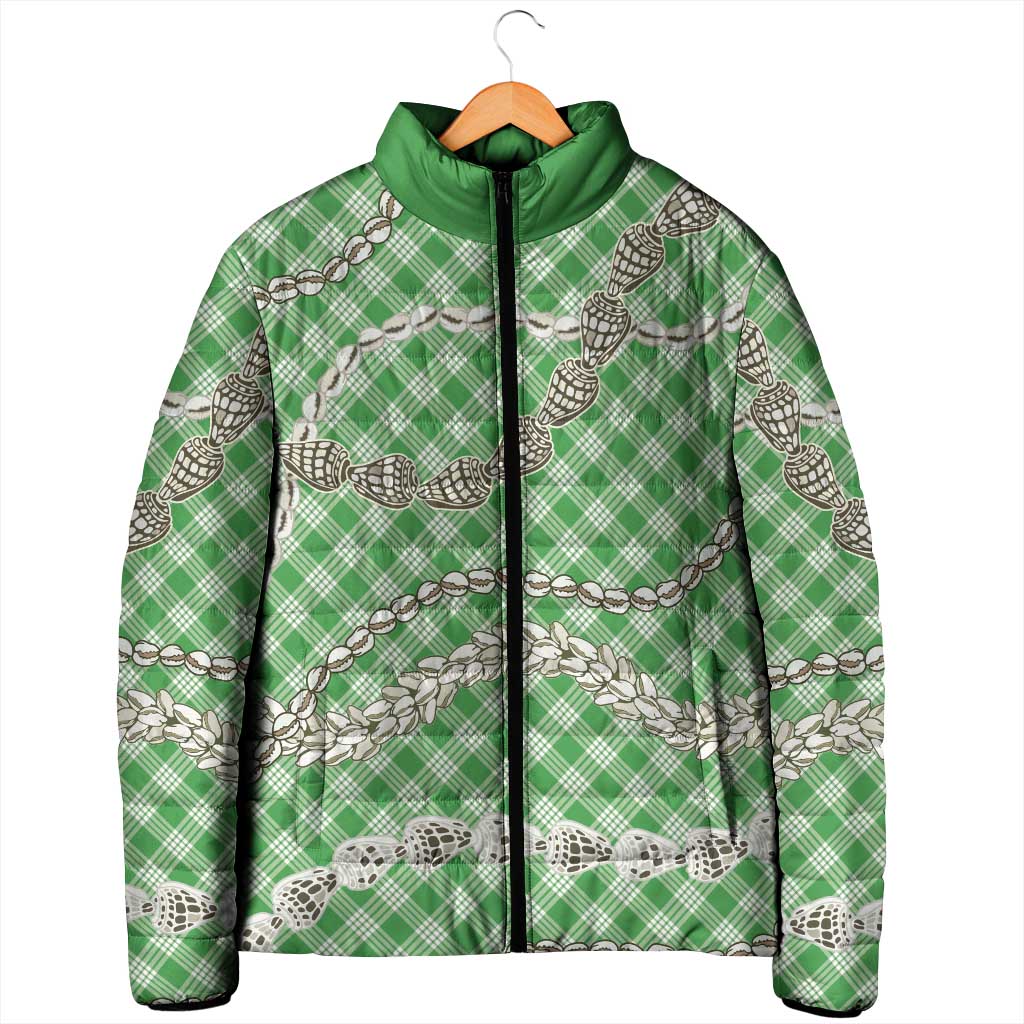 Green Aloha Hawaii Shell Lei Padded Jacket Palaka Hebrew Cone Honey Cowrie Elegant Curves - Polynesian Pride
