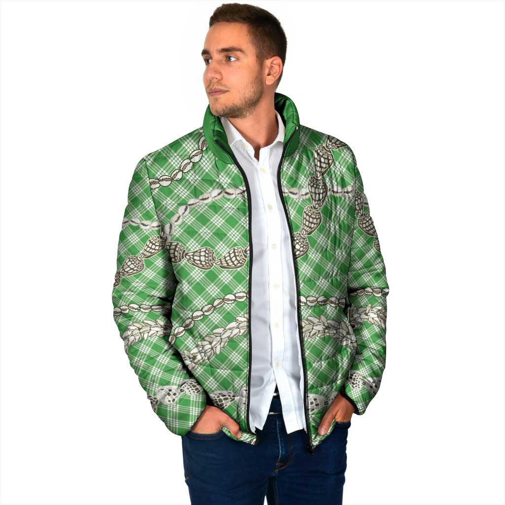 Green Aloha Hawaii Shell Lei Padded Jacket Palaka Hebrew Cone Honey Cowrie Elegant Curves - Polynesian Pride