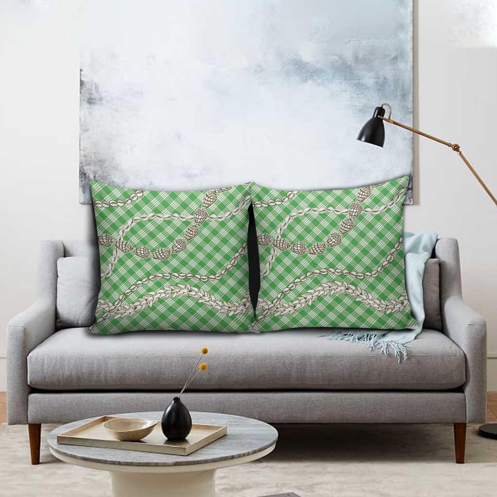 Green Aloha Hawaii Shell Lei Pillow Cover Palaka Hebrew Cone Honey Cowrie Elegant Curves - Polynesian Pride