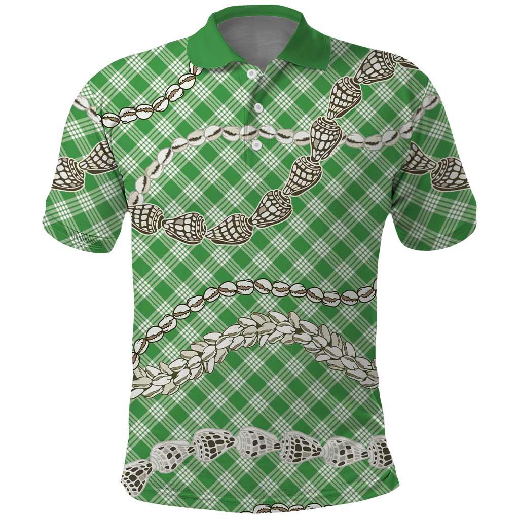 Green Aloha Hawaii Shell Lei Polo Shirt Palaka Hebrew Cone Honey Cowrie Elegant Curves - Polynesian Pride