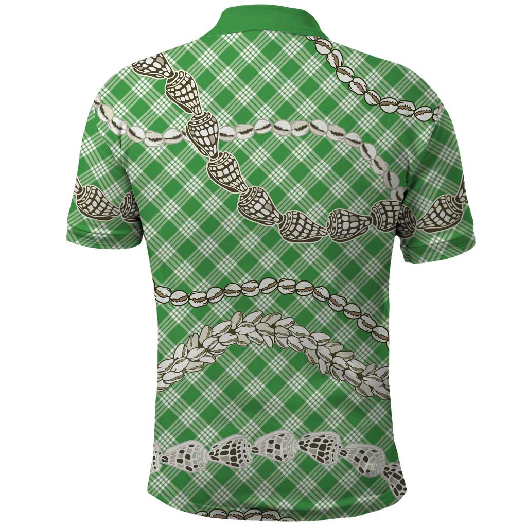 Green Aloha Hawaii Shell Lei Polo Shirt Palaka Hebrew Cone Honey Cowrie Elegant Curves - Polynesian Pride