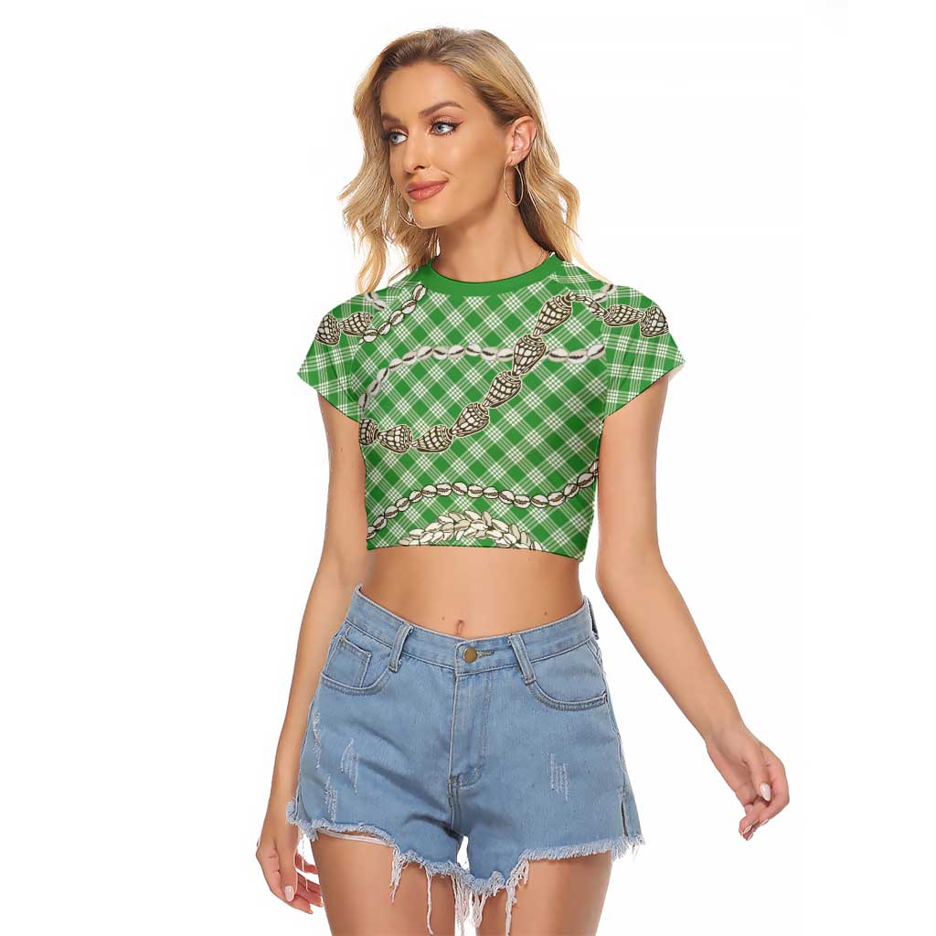 Green Aloha Hawaii Shell Lei Raglan Cropped T Shirt Palaka Hebrew Cone Honey Cowrie Elegant Curves - Polynesian Pride
