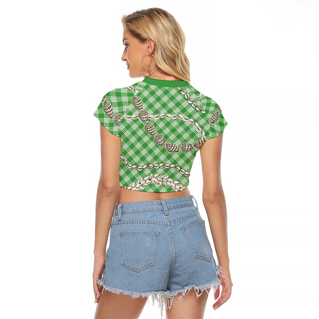 Green Aloha Hawaii Shell Lei Raglan Cropped T Shirt Palaka Hebrew Cone Honey Cowrie Elegant Curves - Polynesian Pride