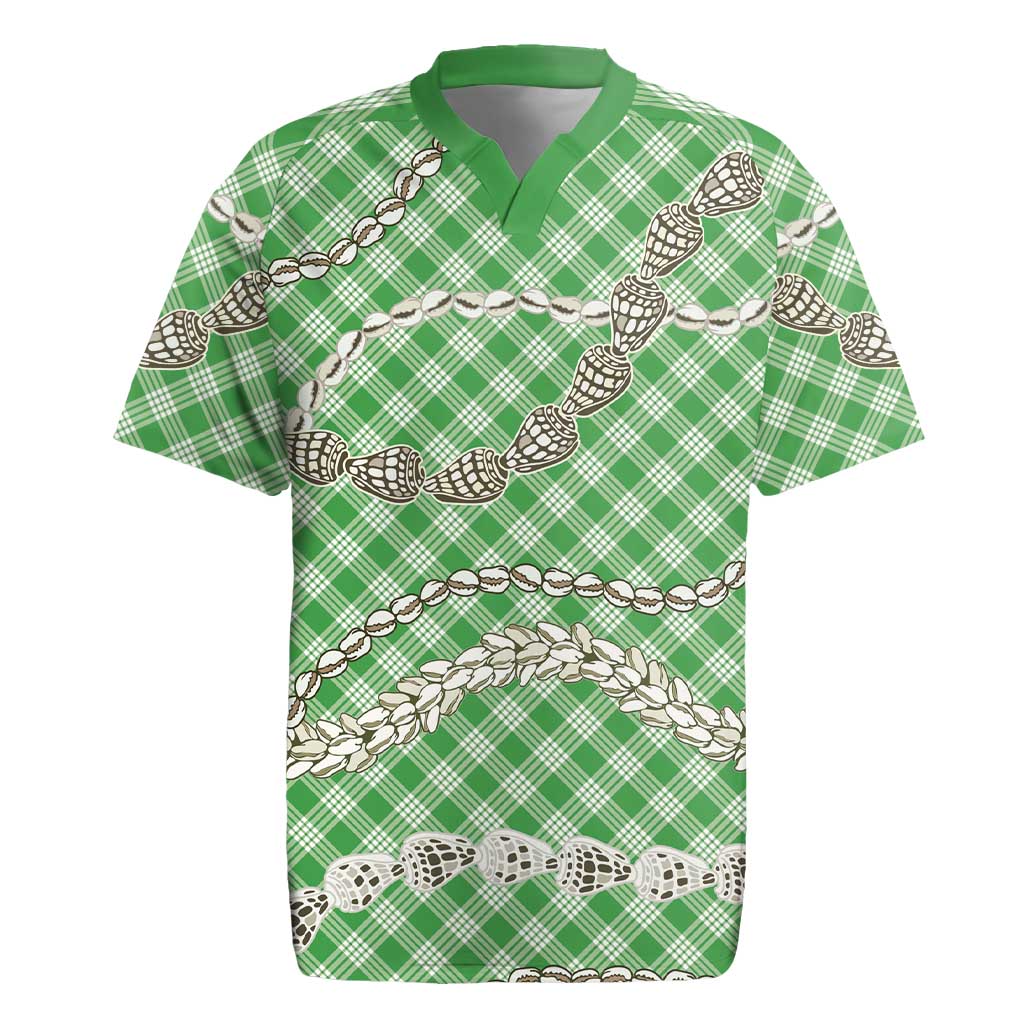 Green Aloha Hawaii Shell Lei Rugby Jersey Palaka Hebrew Cone Honey Cowrie Elegant Curves - Polynesian Pride