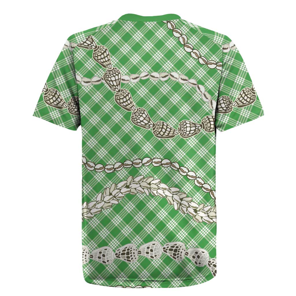 Green Aloha Hawaii Shell Lei Rugby Jersey Palaka Hebrew Cone Honey Cowrie Elegant Curves - Polynesian Pride