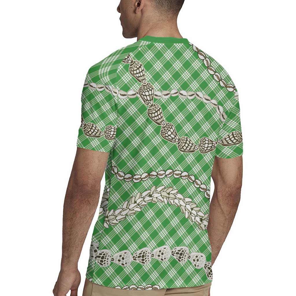 Green Aloha Hawaii Shell Lei Rugby Jersey Palaka Hebrew Cone Honey Cowrie Elegant Curves - Polynesian Pride