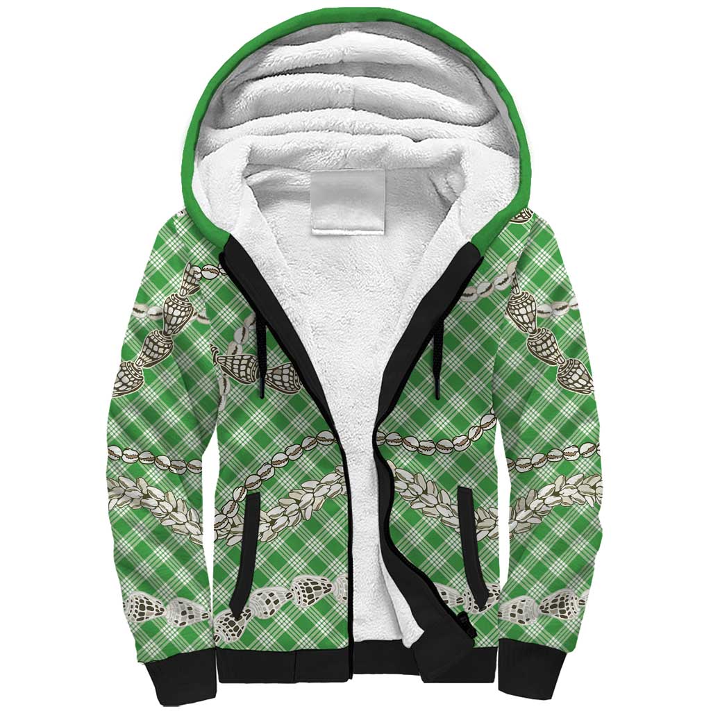 Green Aloha Hawaii Shell Lei Sherpa Hoodie Palaka Hebrew Cone Honey Cowrie Elegant Curves - Polynesian Pride