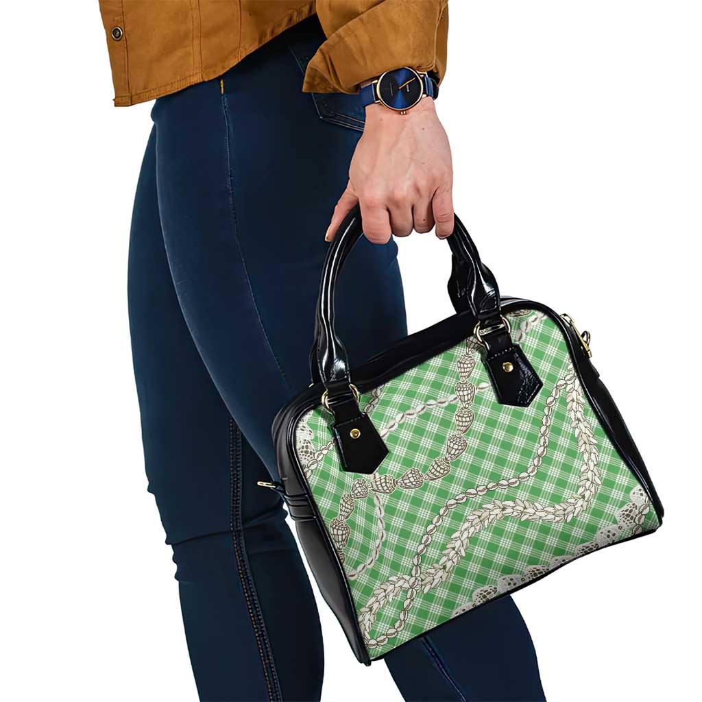 Green Aloha Hawaii Shell Lei Shoulder Handbag Palaka Hebrew Cone Honey Cowrie Elegant Curves - Polynesian Pride