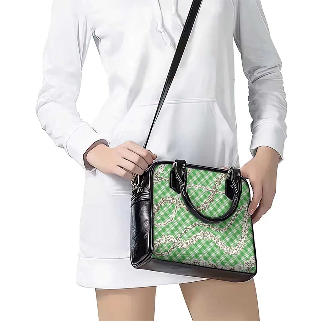 Green Aloha Hawaii Shell Lei Shoulder Handbag Palaka Hebrew Cone Honey Cowrie Elegant Curves - Polynesian Pride